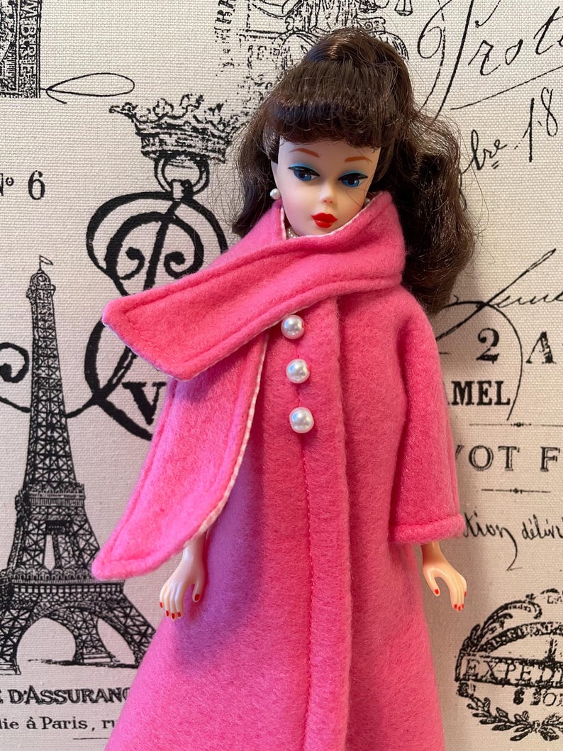 11.5 inch Pink Fleece Doll Coat with Attached Scarf - Vintage Style image 3