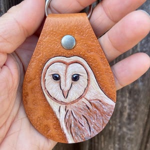 Handmade Leather Keychain, Barn Owl Art, Painted Bird Keychain, Wildlife Lover Gift, Unique Owl Gift