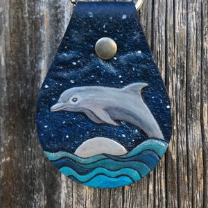 Dolphin Keychain, Moon & Stars, Hand Tooled and Hand Painted Leather Art, Unique High Quality Gift for Her