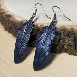 Iridescent Raven Crow Leather Feather Earrings, Unique Bird Lover Jewelry, Gift Ready