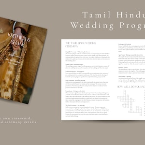 May include: A wedding program for a Tamil Hindu wedding ceremony. The program includes a crossword puzzle titled "How well do you know the couple?" and a description of the wedding ceremony traditions. The cover image shows a couple holding hands, with the groom wearing a gold sherwani and the bride wearing a gold saree.