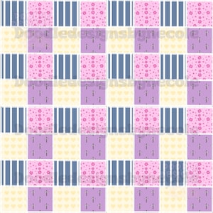 Könnte beinhalten: Ein Patchwork-Muster mit abwechselnden Quadraten. Das Muster umfasst Quadrate mit rosa Blumendrucken, blauen vertikalen Streifen, hellgelben Herzen und lila Quadraten mit einem kleinen Kreuzmuster.
