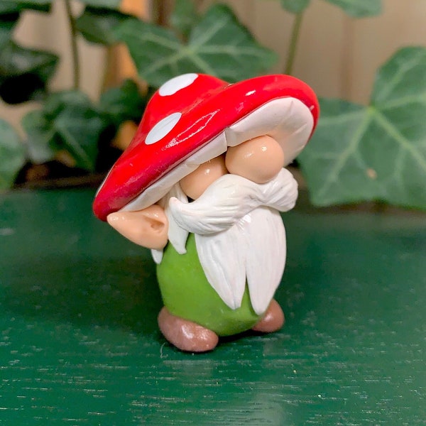 Mushroom Gnome, Mushgnome, Mini Clay Mushroom Cap Gnome, Miniature Handmade Custom Polymer Clay Gnome Figurine With Mushroom Hat