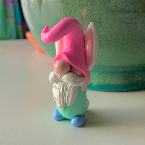 Easter Bunny Gnome, Mini Bunny Gnome, Easter Gnome, Miniature Handmade Custom Polymer Clay Gnome Easter Figurine