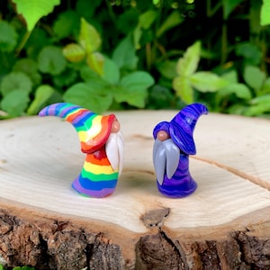 May include: Two miniature gnome figurines. One gnome is in a rainbow-colored outfit with a red hat and white beard. The other gnome is in a purple outfit with a gray beard. Both are on a wooden surface.