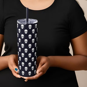 Haunted Halloween Skull Skeleton Skinny Spooky Tumbler with Straw, 20oz