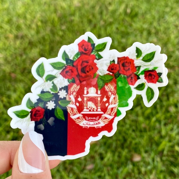 Afghanistan Flag Sticker with Flowers, Afghanistan Country Sticker Roses Flowers for Indoor & Outdoor Use, Glossy Vinyl, Free Shipping, Gift