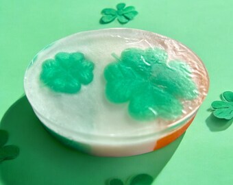 Patrick’s day, handmade soap. 4 leaf clover with Irish flag. Sparkling rain & Lotus. LIMTED QTY! Birthday/New home/Thank you.