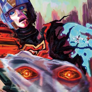 Op de afbeelding: Illustratie van een robot met een blauwe helm en oranje en rode bepantsering, met een bedroefde uitdrukking. Een tweede robot met gloeiende oranje ogen staat op de voorgrond. De achtergrond toont een stadsgezicht met paarse en roze tinten.