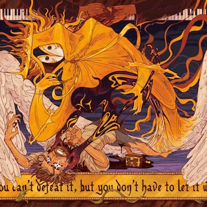 Puede incluir: Ilustración con temática fantástica. Una figura dorada con múltiples ojos y una capa con capucha interactúa con una figura en el suelo. La obra de arte incluye alas de ángel, un teclado de piano y el texto "You can't defeat it, but you don't have to let it win."