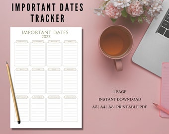 Yearly Important Dates Printable - Birthdays, Anniversaries, Travels, Parties, Doctor Appointments, Car Service, ect, A3/A4/A5/Letter