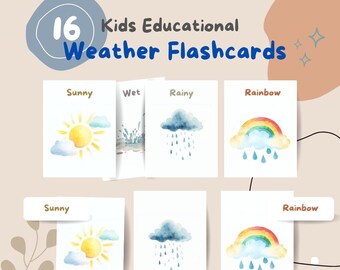 Tarjetas didácticas del tiempo en acuarela para niños - Juego de 16 tarjetas educativas