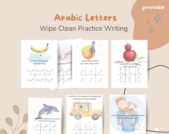 Cuaderno de ejercicios imprimible del alfabeto árabe para aprender a escribir para niños con ilustraciones en acuarela - Juego de 30