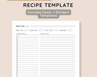 Plantilla de receta, libro de recetas, página de recetas en blanco, tarjeta de recetas, diario de cocina casera, organizador de recetas / PDF rellenable e imprimible / carta