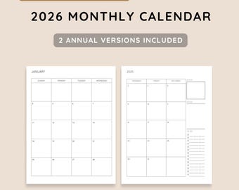 Calendario mensual de dos páginas para 2026, imprimible y rellenable en PDF, formato vertical, con objetivos, lista de tareas y notas / Sencillo / minimalista