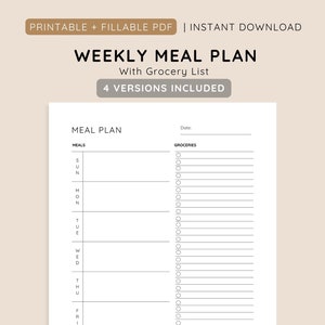 Weekly Meal Planner Printable Template with Grocery List, 7-Day Menu Planner, Food & Health Organizer