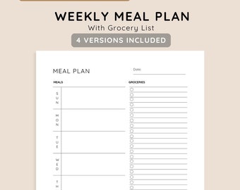 Plantilla imprimible de planificador de comidas semanal con lista de compras, planificador de menú de 7 días, organizador de alimentos y salud