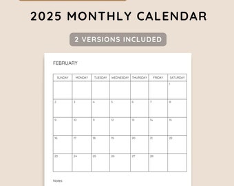 Calendario mensual 2025 para imprimir y rellenar en formato PDF, formato vertical, resumen del año con días festivos de EE. UU. y Canadá, notas, minimalista