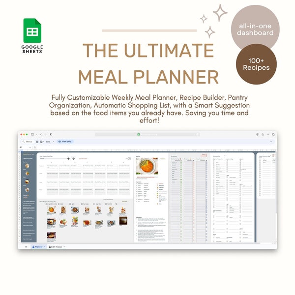 Ultimate Weekly Meal Planner - Inventory Tracker, Automated Grocery Shopping List, and Recipe Book builder | Digital Template| Google Sheets