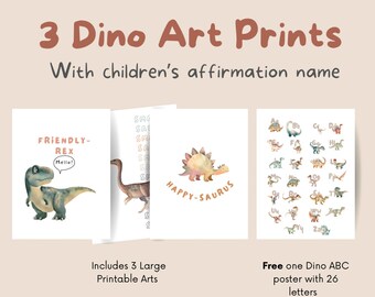 Impresiones minimalistas de arte de acuarela de dinosaurios - Decoración de habitaciones para niños Montessori - Conjunto de 3 - Friendly-rex, Happysaurus, Smartosaurus + Impresión extra