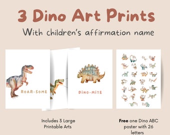 Impresiones de arte de acuarela de dinosaurios - Decoración de la habitación de los niños Montessori - Conjunto de 3 - Rugido, Rawr-tastic, Dino-mite - Impresión ABC adicional incluida