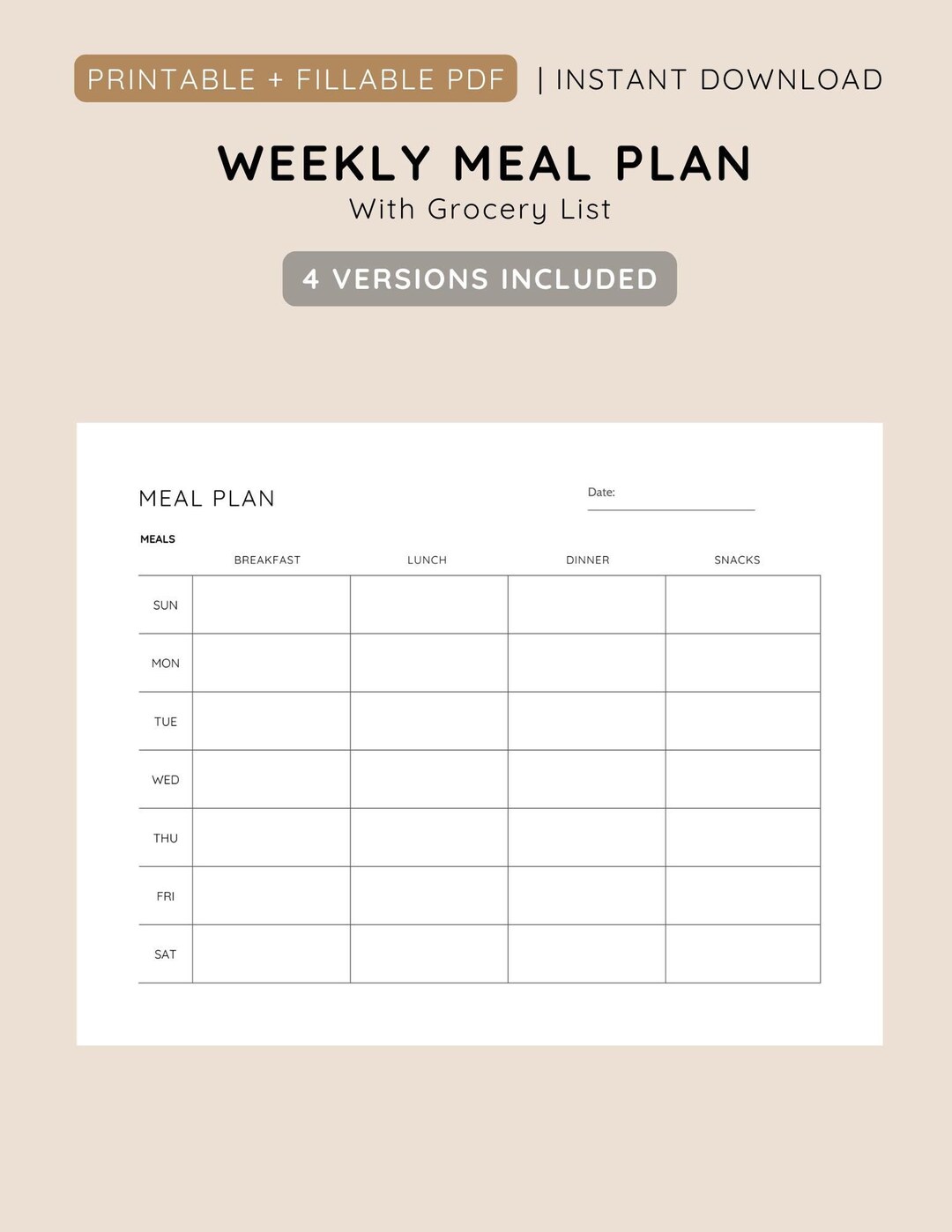 Weekly Meal Planner Printable Template With Grocery List, Notes ...