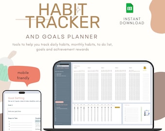 Rastreador diario mensual de hábitos y objetivos / calendario digital / hoja de cálculo de seguimiento de hábitos / hábitos diarios minimalistas / lista de tareas pendientes digital