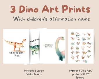 Impresiones de arte de acuarela de dinosaurios - Decoración de la habitación de los niños Montessori - Conjunto de 3 - Strongasaurus, Confident-Rex, Gratefulosaurus - Impresión ABC extra