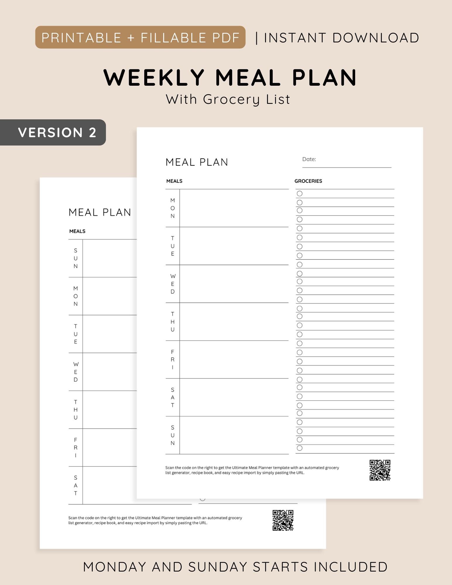 Weekly Meal Planner Printable Template With Grocery List, 7-day Menu