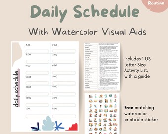 Horario diario imprimible para niños con ilustraciones en acuarela / Rutina visual inspirada en Montessori / Pegatinas e ideas de actividades adicionales / De 1 a 5 años