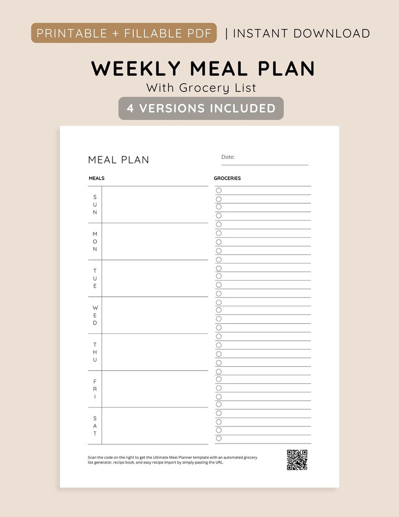 Weekly Meal Planner Printable Template With Grocery List, 7-day Menu ...