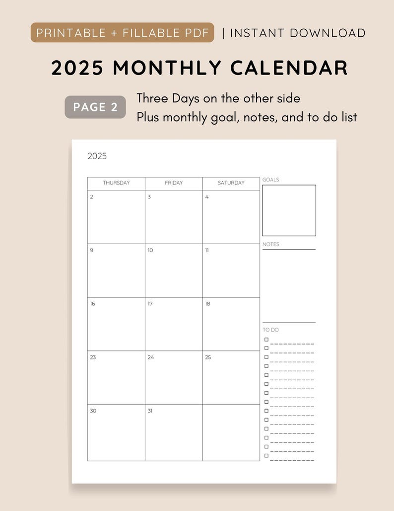 2025 Two-page Monthly Calendar Printable and Fillable PDF, Portrait ...