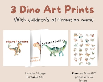 Impresiones minimalistas de arte de acuarela de dinosaurios - Decoración de la habitación para niños Montessori - Conjunto de 3 - Strongasaurus, Braveryaurus, Kindosaurus + Impresión extra