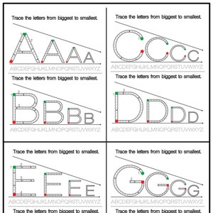 Puede incluir: Una hoja de trabajo con ejercicios de trazado para las letras A, B, C, D, E, F, G y H. Las letras se muestran en diferentes tamaños y se le pide al usuario que las trace de la más grande a la más pequeña. Las letras están delineadas en negro y las líneas de trazado están en rojo y verde.