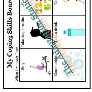 May include: A colourful coping skills board with images and text. The board includes activities such as singing, taking deep breaths, counting, blowing bubbles, taking a drink, and exercising.