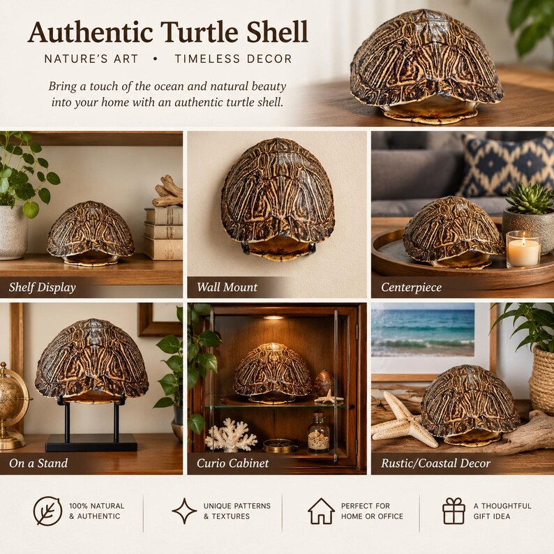 May include: An authentic turtle shell featuring a dark brown and tan patterned surface with a curved, domed shape. The shell is displayed in various settings, including on a black metal stand, mounted on a wall, and as a decorative centerpiece.