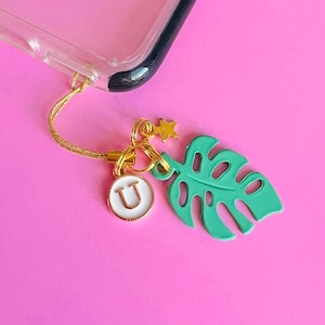 Dije personalizado para teléfono celular • MONSTERA • Dije de planta Monstera con letra inicial • Dijes para teléfono móvil • Hecho con amor en Canadá