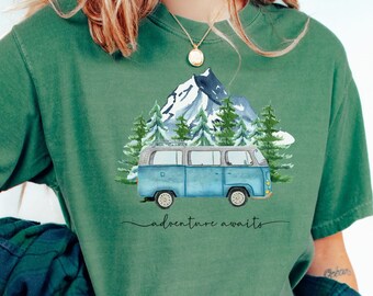 Adventure Awaits t-shirt, Comfort Colors, Retro Outdoors t-shirt, Boho Nature Shirt, Camping, Hiking, Camper Van, Van Life, Mountains