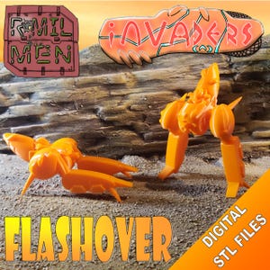 May include: An orange 3D-printed model of a futuristic vehicle and a smaller model. The word "FLASHHOVER" is at the bottom, with "DIGITAL STL FILES" in the corner. Two other graphics read "INVADERS" and "ROMIL MEN".