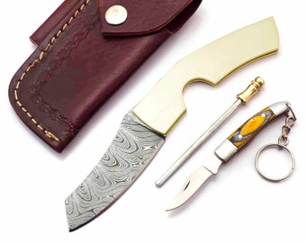 Custom BRASS CIGAR CUTTER Damascus knife Handmade Cigar Cutter Knife Folding Knife Cutter - Cigar Accessories Cuts up Most Sizes of Cigars