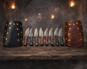 Brazalete de cuero con cuchillo de acero de Damasco hecho a mano, brazalete medieval vikingo, armadura de cosplay