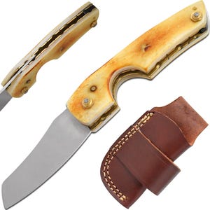 May include: A folding pocket knife with a bone handle and a leather sheath. The blade is made of stainless steel and has a drop point style.