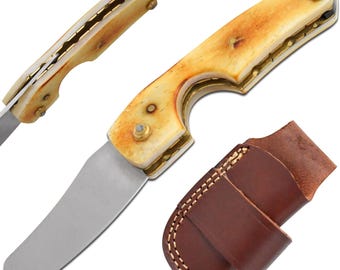 Cortador de cigarros de acero damasco 6,5 con mango de hueso quemado y funda de cuero, accesorios para cigarros, regalo para padrinos de boda
