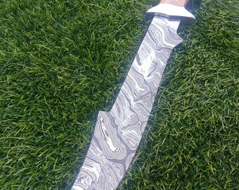Cuchillo Bowie de acero de Damasco de 16 pulgadas, hecho a mano, ideal para acampar, actividades al aire libre y pescar. Viene con funda de cuero.