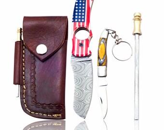 Cortador de cigarros de bandera americana - Cuchillo de cigarro de acero de Damasco Cuchillo plegable Cortador de guillotina con afilador de cuchillas y regalo de funda de cuero para él