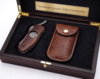 Personalized Cigar Cutter - Damascus pocket knife, Wooden Handle, Leather Pouch