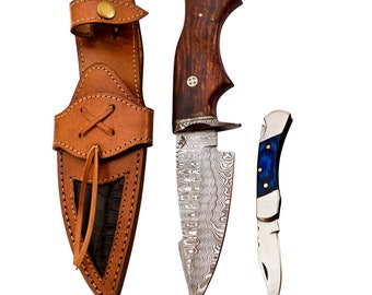 Cuchillo de caza Damasco de 10.0 in hecho a mano para acampar, cuchillo al aire libre para hombres cuchillos de hoja fija con funda de cuero cuchillo plegable de 3.0 in (paquete de 2)