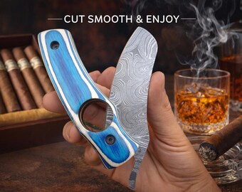 Guillotine Cigar Cutter - Damascus Folding Cigar Knife with Leather Case