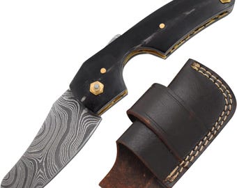 Cuchillo de Damasco hecho a mano - Navaja plegable de bolsillo personalizada para supervivencia al aire libre - Herramienta para cigarros hecha con mango de cuerno de búfalo