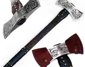 Hacha de doble cabeza de acero al carbono hecha a mano con funda de cuero / Hacha vikinga / Hacha de batalla / Regalo perfecto de Navidad / Regalo para él